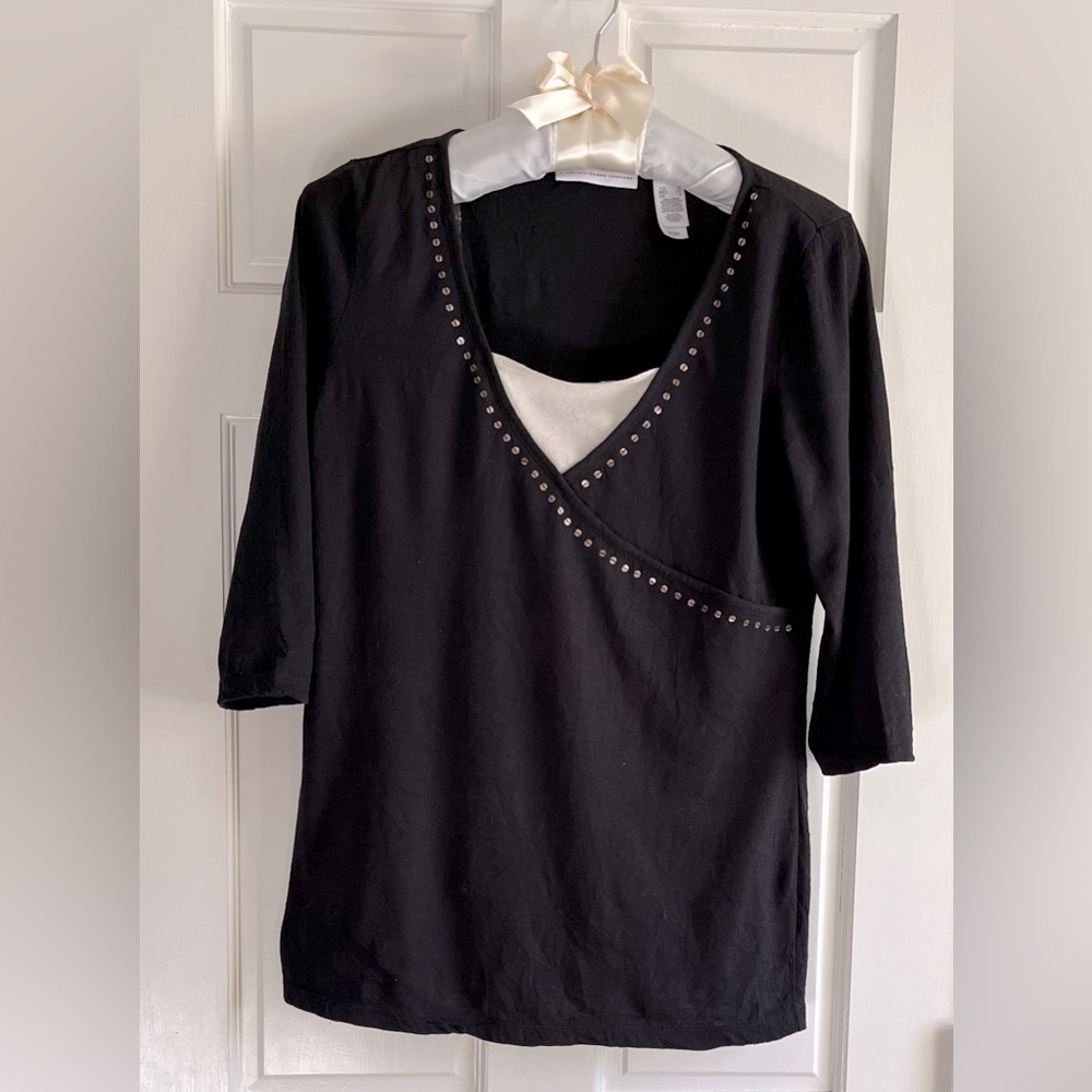 FIRST ISSUE Women's S. Black Tunic Layered Look w/ sequence Trim. Pre-owned